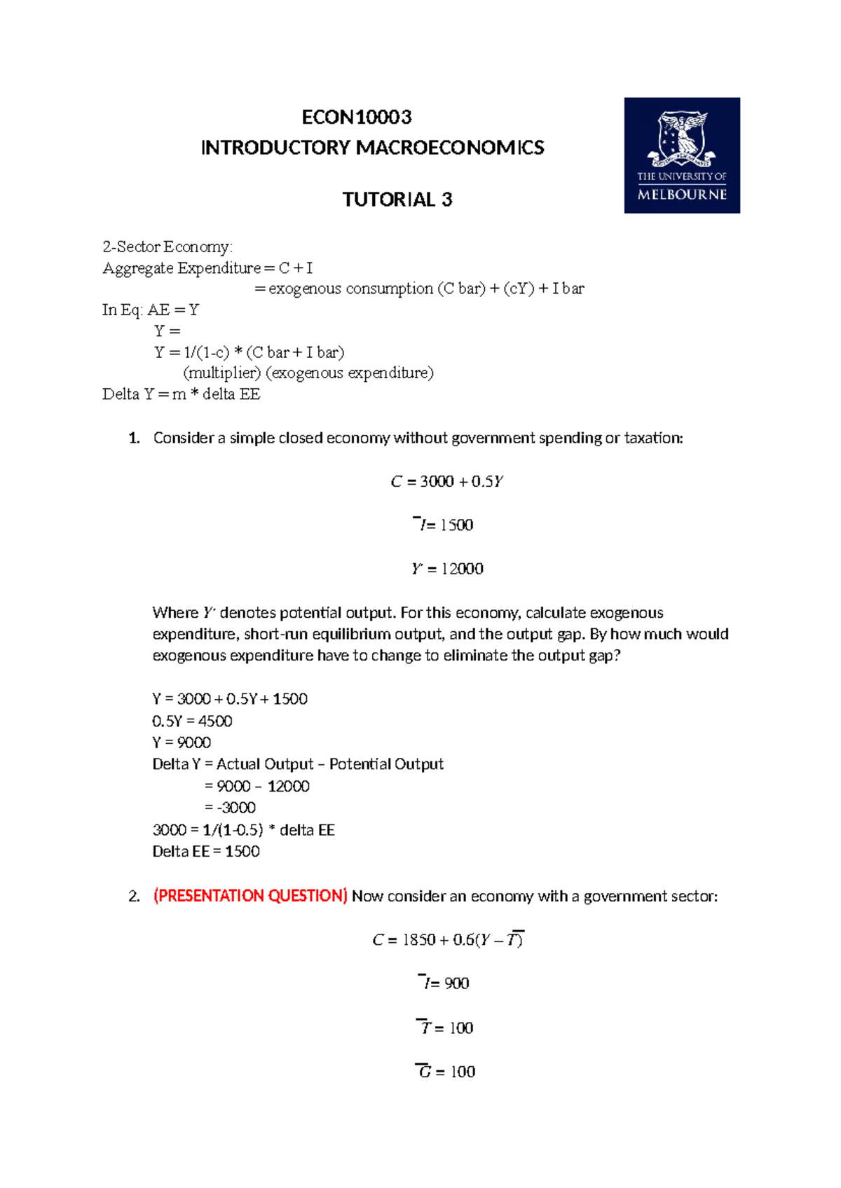 Macroeconomics Tutorial 3: Aggregate Expenditure Analysis - Studocu