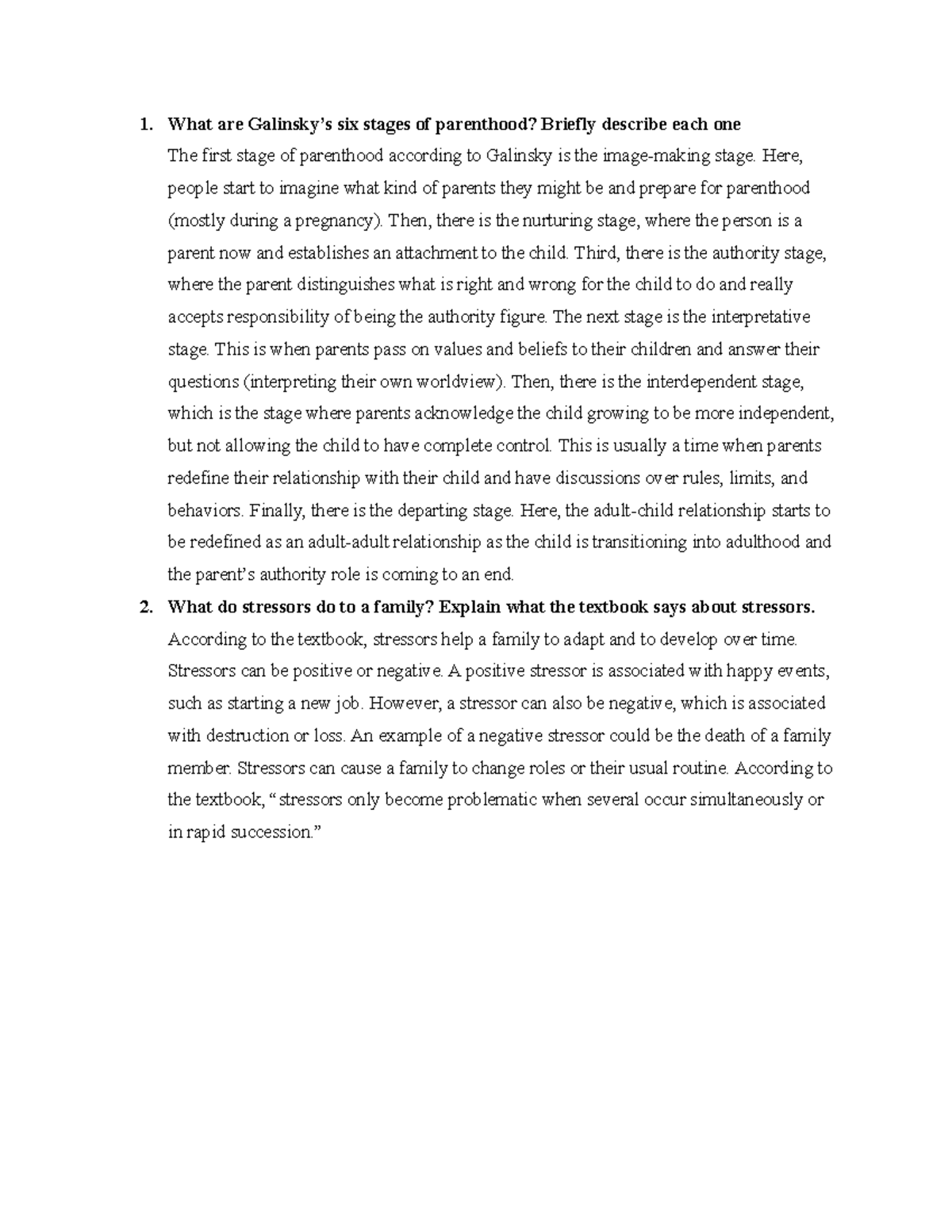 Ch. 4 Essay Questions on Galinsky's Stages of Parenthood - Studocu