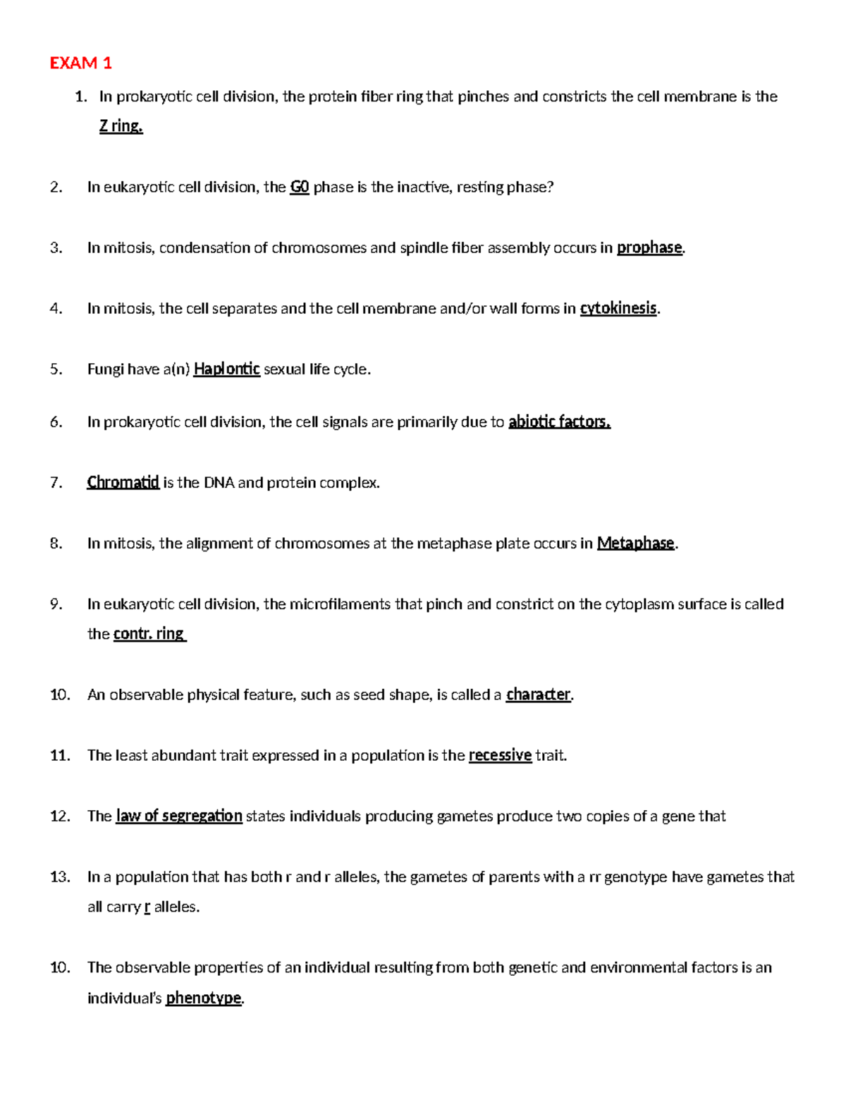 Final Exam Study Guide for Biology (3169B351) - EXAM 1 1. In ...