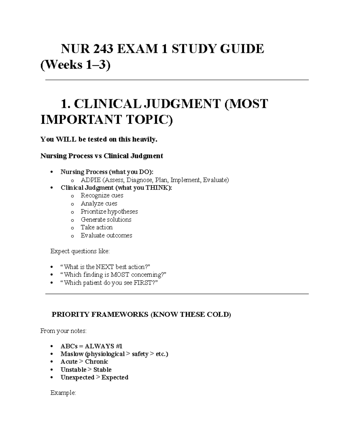NUR 243 EXAM 1 Study Guide: Key Concepts & Clinical Judgment - Studocu
