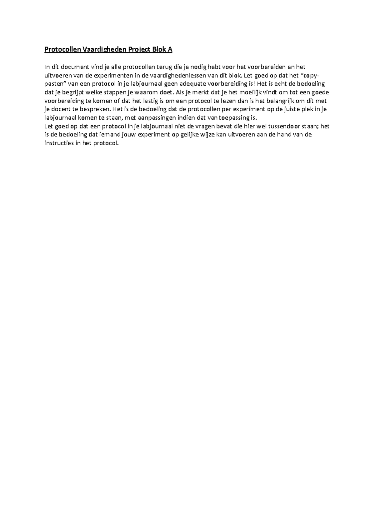Protocollen Vaardigheden Blok A 23-24: Experimentele Instructies ...