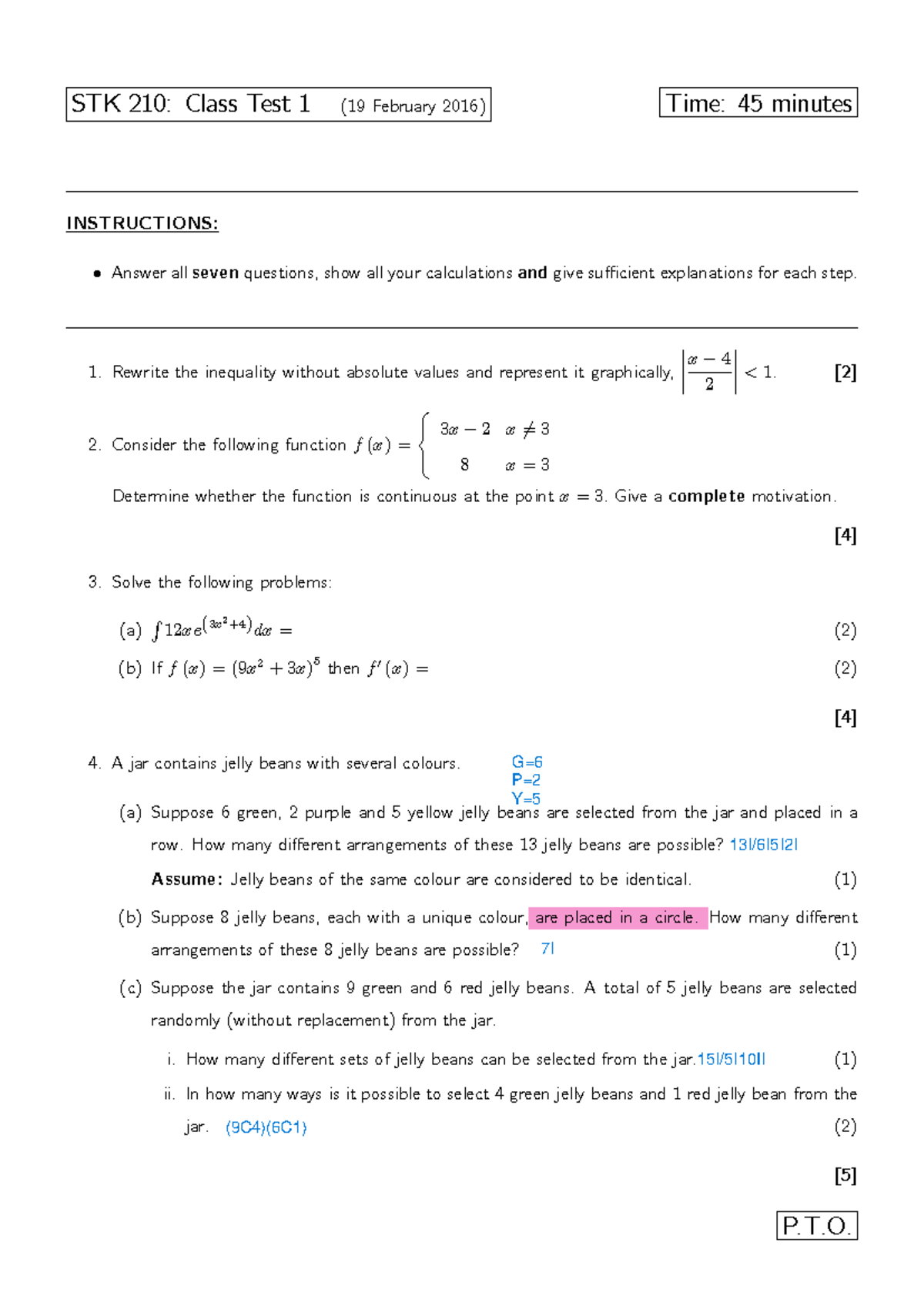 Class Test 1 STK 210: Math Problems & Solutions (19 Feb 2016) - Studocu