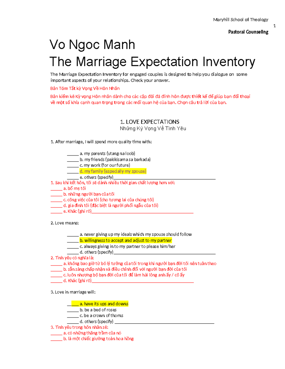 Marriage Expectation Inventory: Insights for Engaged Couples - Studocu