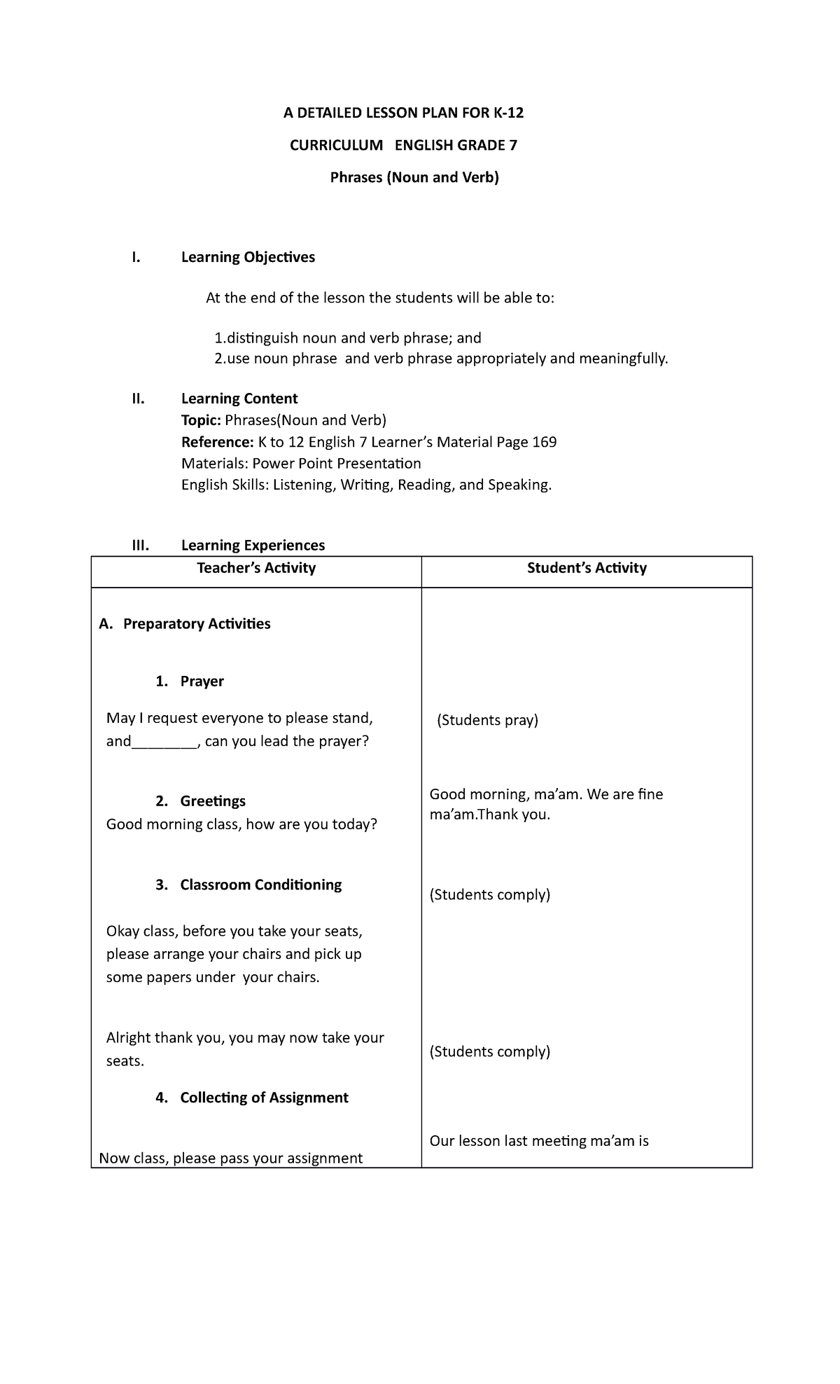 Lesson Plan: Understanding Noun and Verb Phrases - English 7 - Studocu