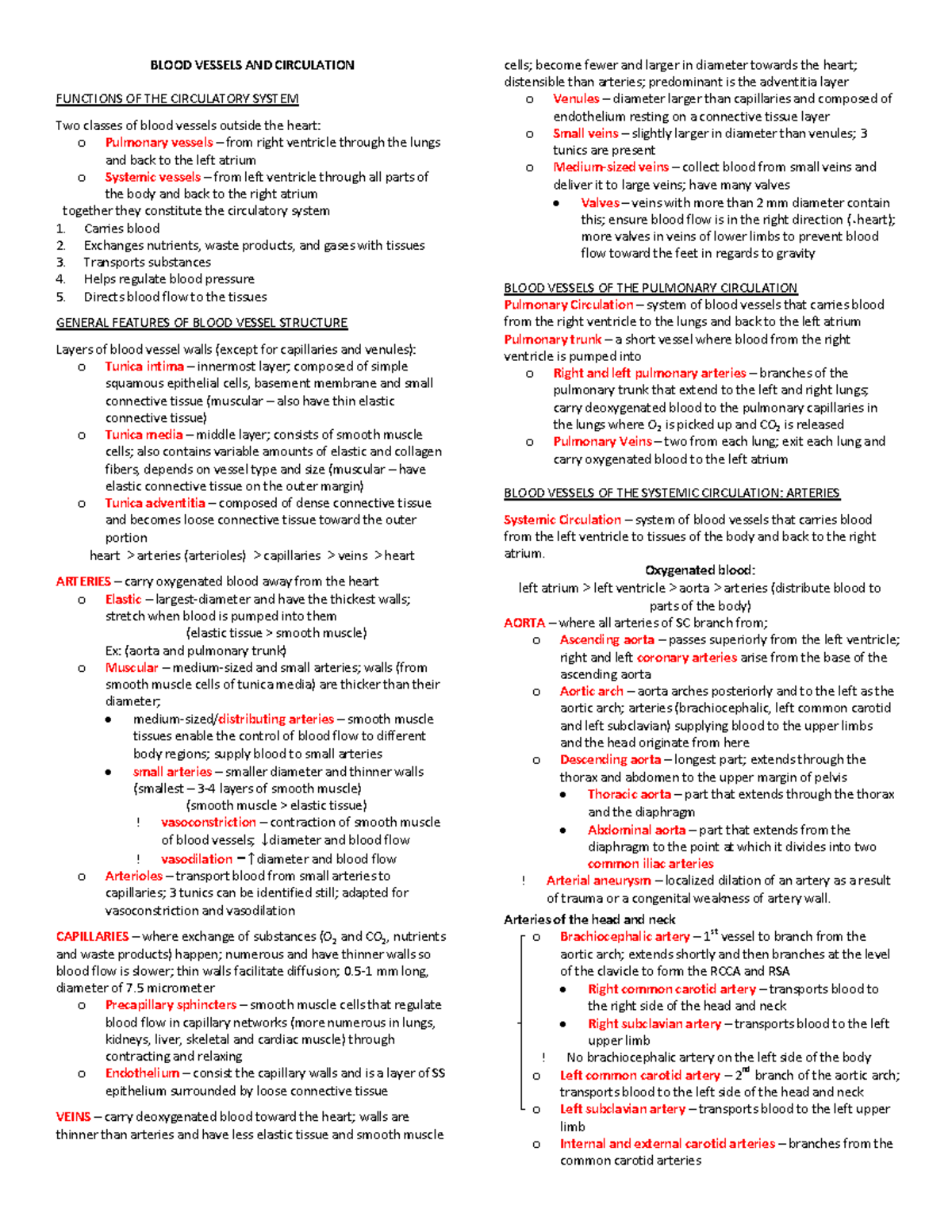 Blood Vessels & Circulation: Detailed Notes for Biology 101 - Studocu