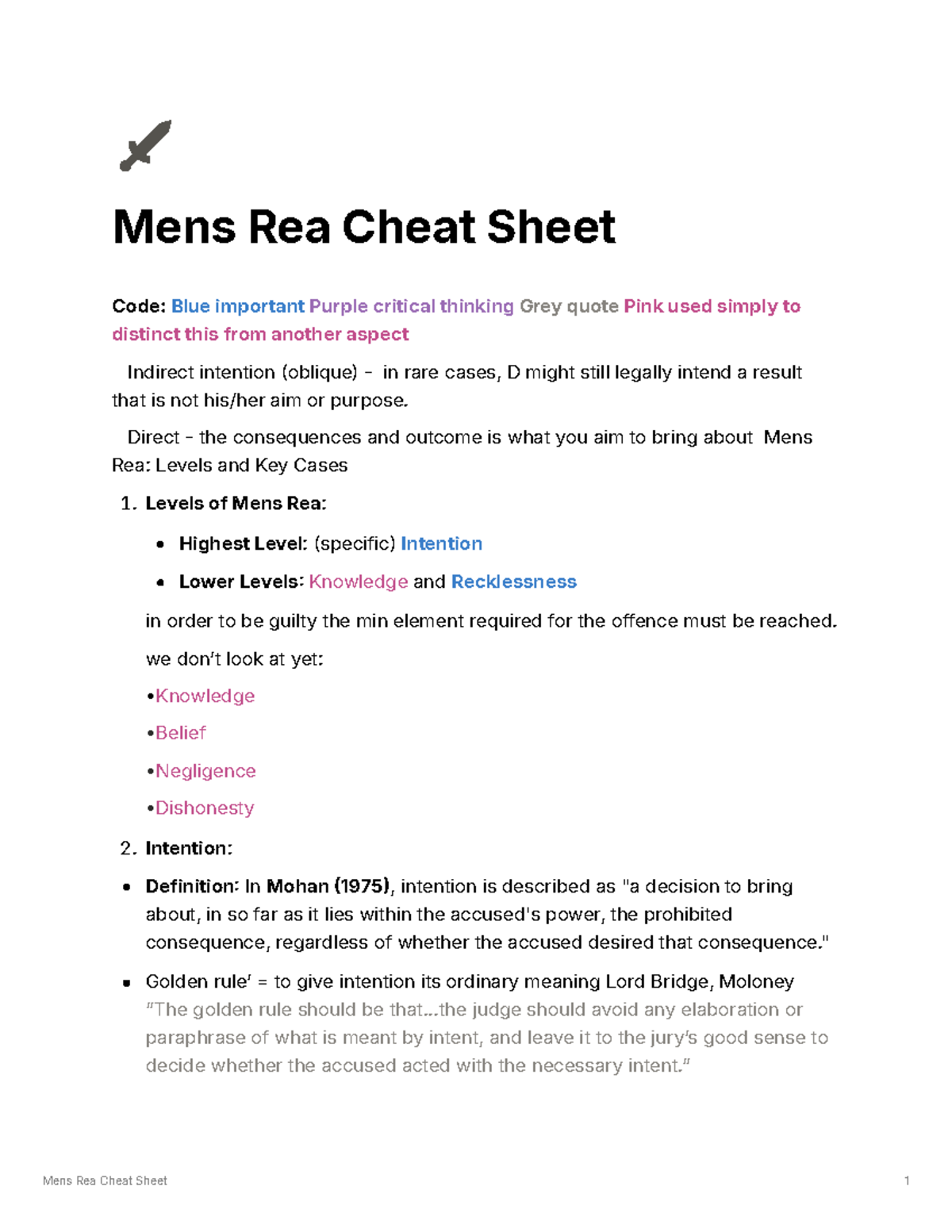 Mens Rea Cheat Sheet: Key Concepts and Case Law Analysis - Studocu