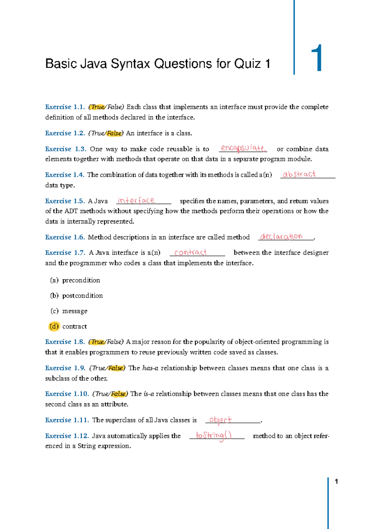 Quiz1Practice - Basic Java Syntax Questions for Quiz 1 1 Exercise 1 ...
