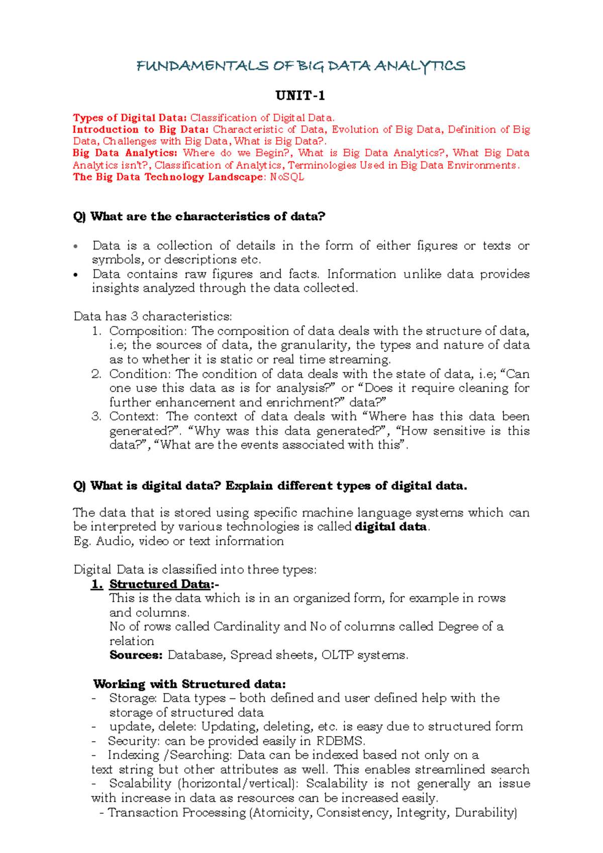 FBDA UNIT-1: Fundamentals of Big Data Analytics and Digital Data Types ...