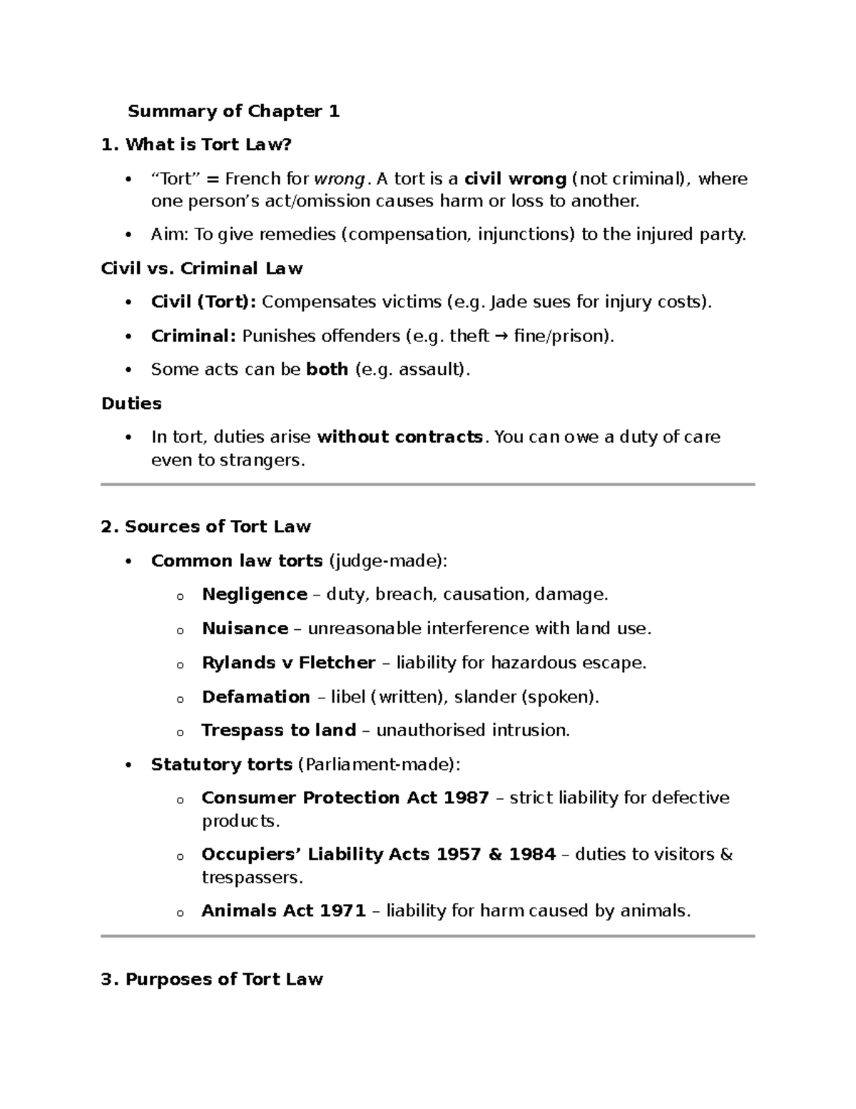 F2 Final Exam Summary: Introduction to Tort Law Concepts - Studocu