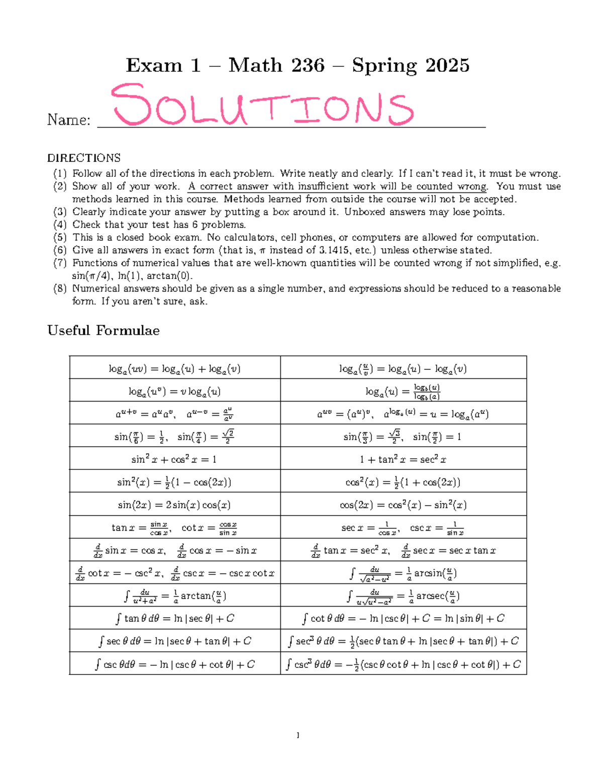 25S Math 236 - Exam 1 Solutions Spring 2025 - Studocu