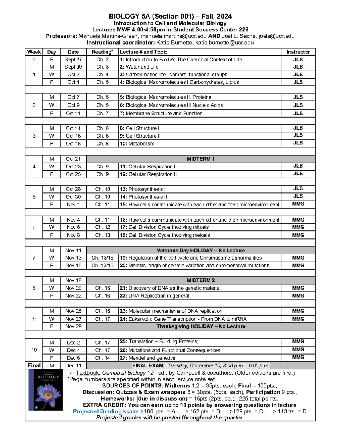 Syllabus for BIOL 5A-001: Cell & Molecular Biology - Fall 2024 - Studocu