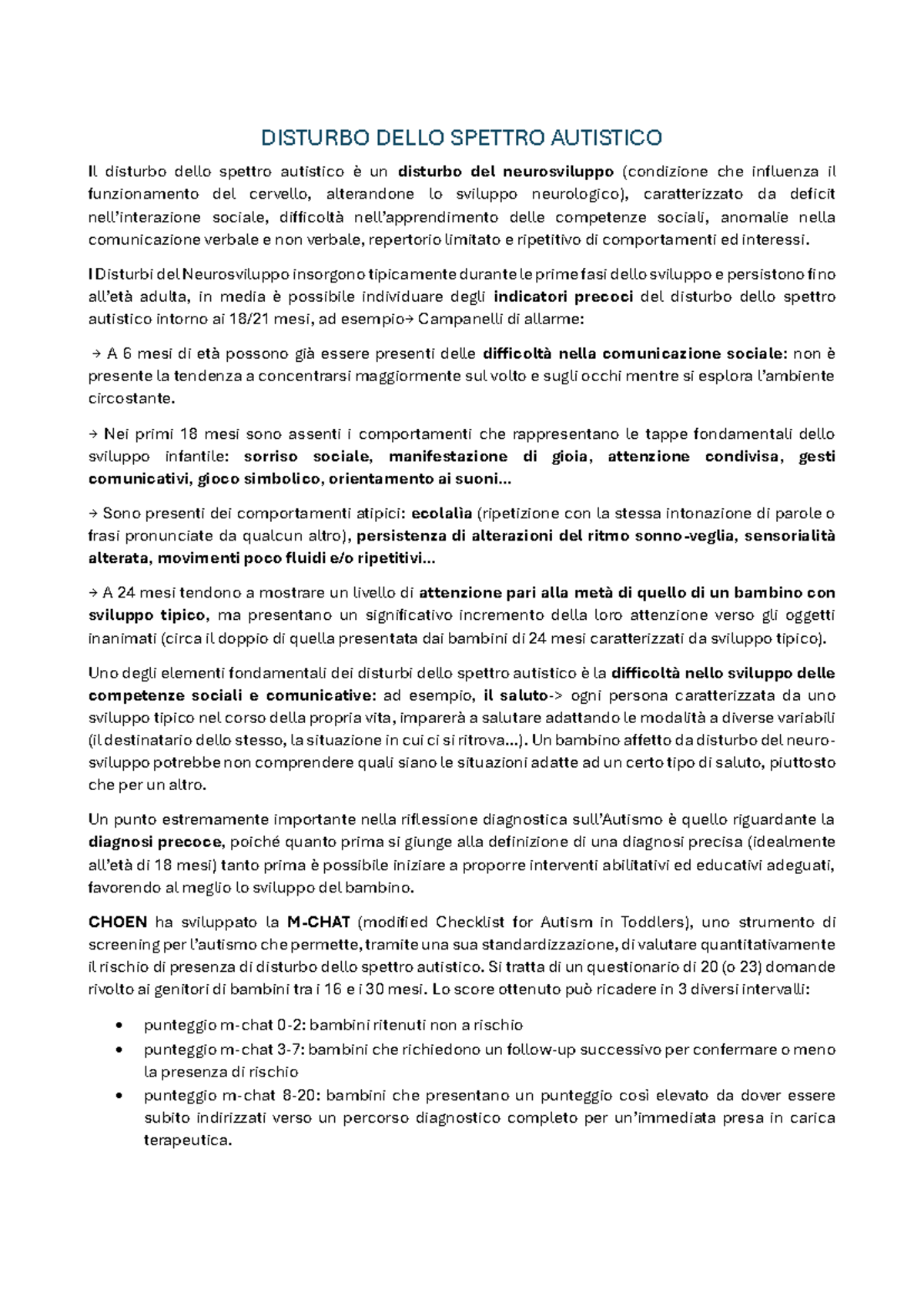 Diagnosi e Interventi sul Disturbo dello Spettro Autistico - Studocu