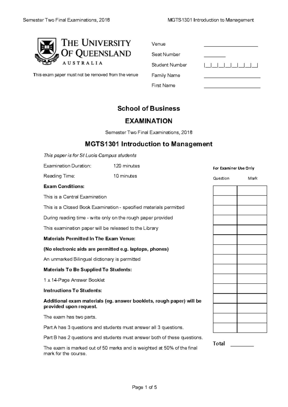 MGTS1301 Semester Two Final Exam 2018: Introduction to Management - Studocu