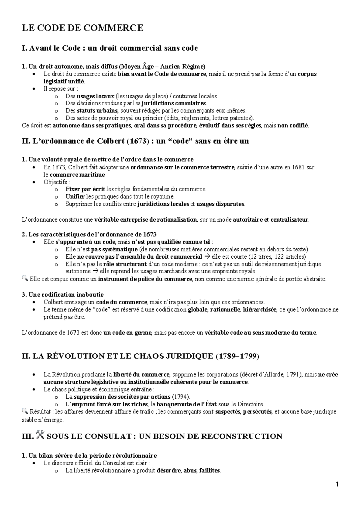 Fiche HDAF : LE CODE DE COMMERCE I - Histoire et Évolution du Droit ...