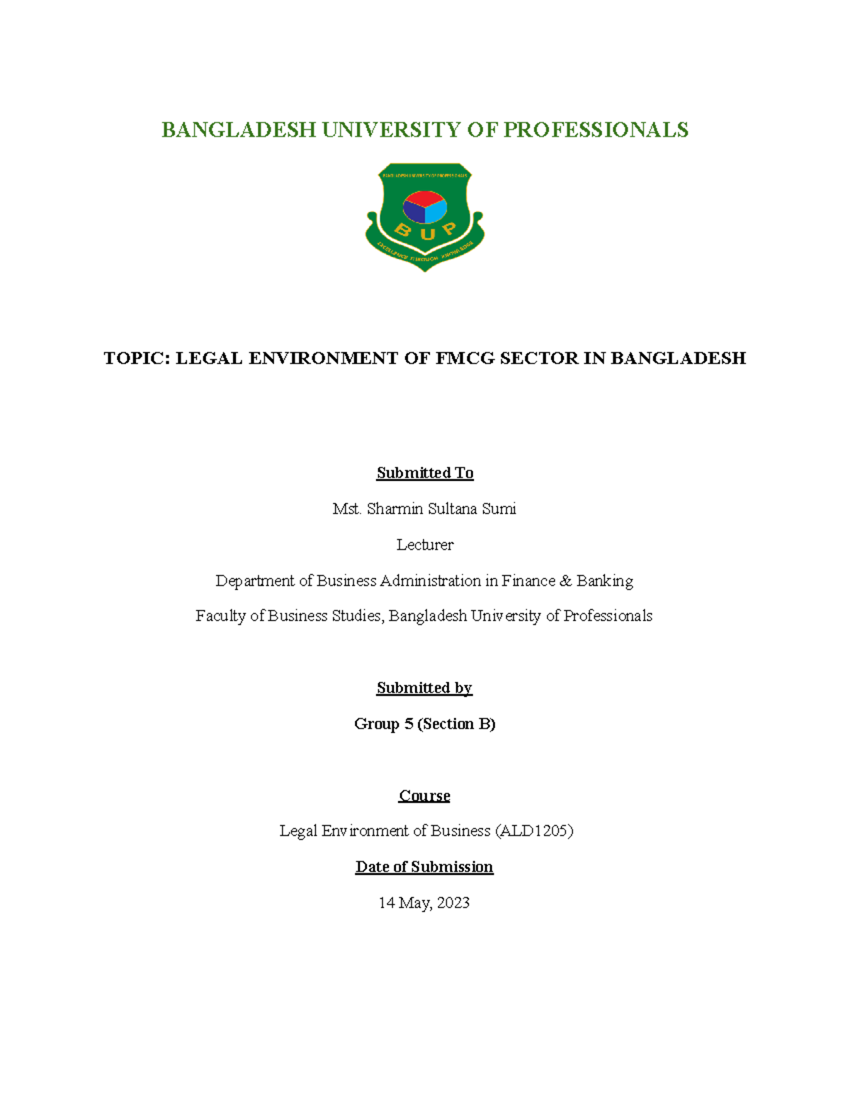ALD1205 Term Paper on Legal Environment of FMCG Sector in Bangladesh ...