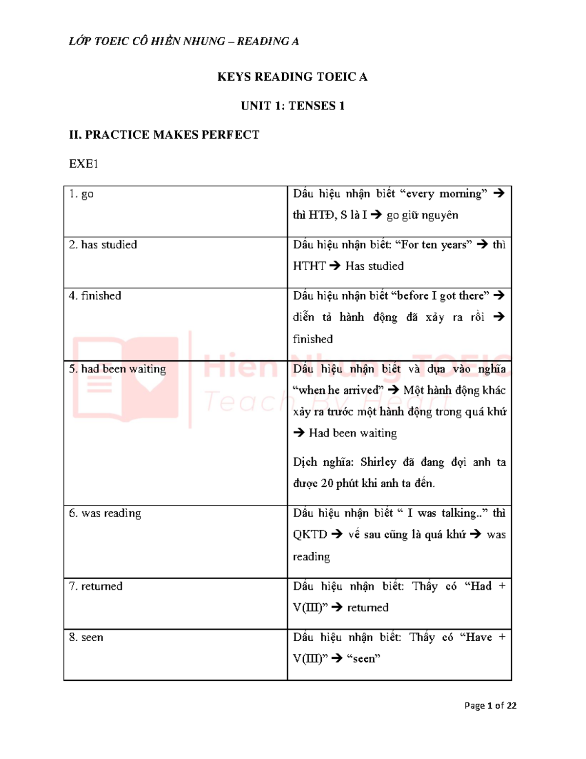 KEYS READING TOEIC A - UNIT 1: TENSES PRACTICE AND EXERCISES - Studocu