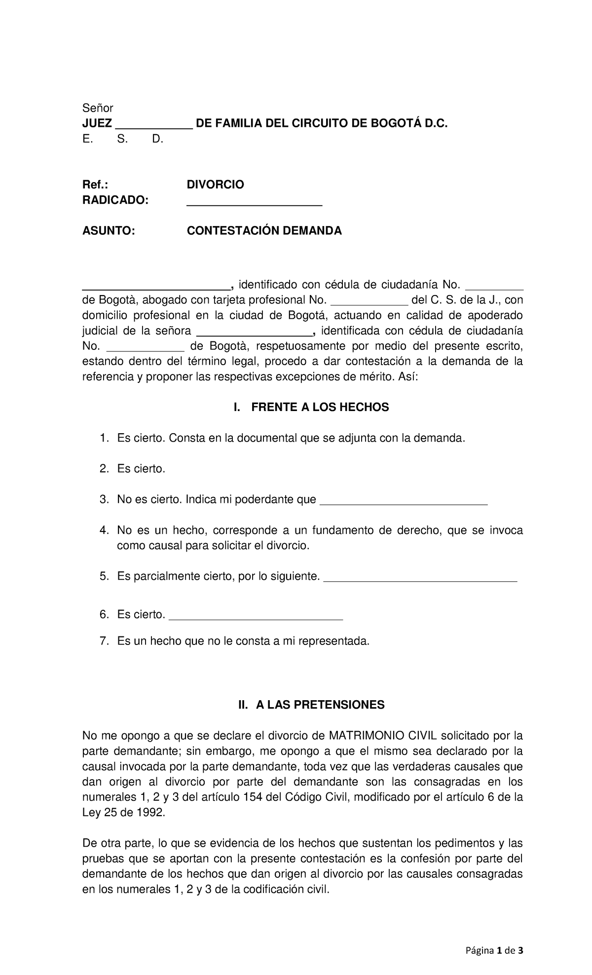 Modelo de Contestación a Demanda de Divorcio - Juzgado de Familia - Document Preview