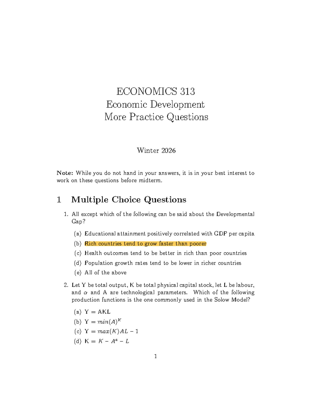 ECON 313 Economic Development Midterm Practice Questions Winter 2026 ...