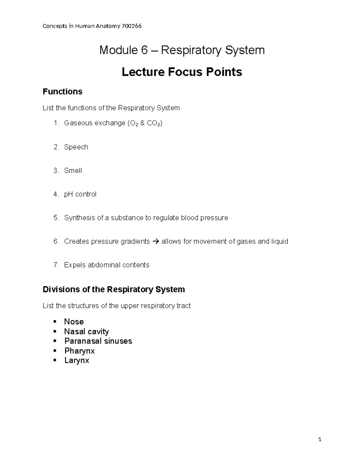 Module 6 Respiratory System Focus Points - Module 6 – Respiratory ...