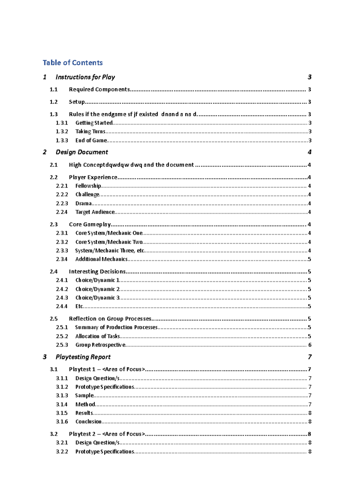 Design and Playtesting Document Template for Game Development - Studocu