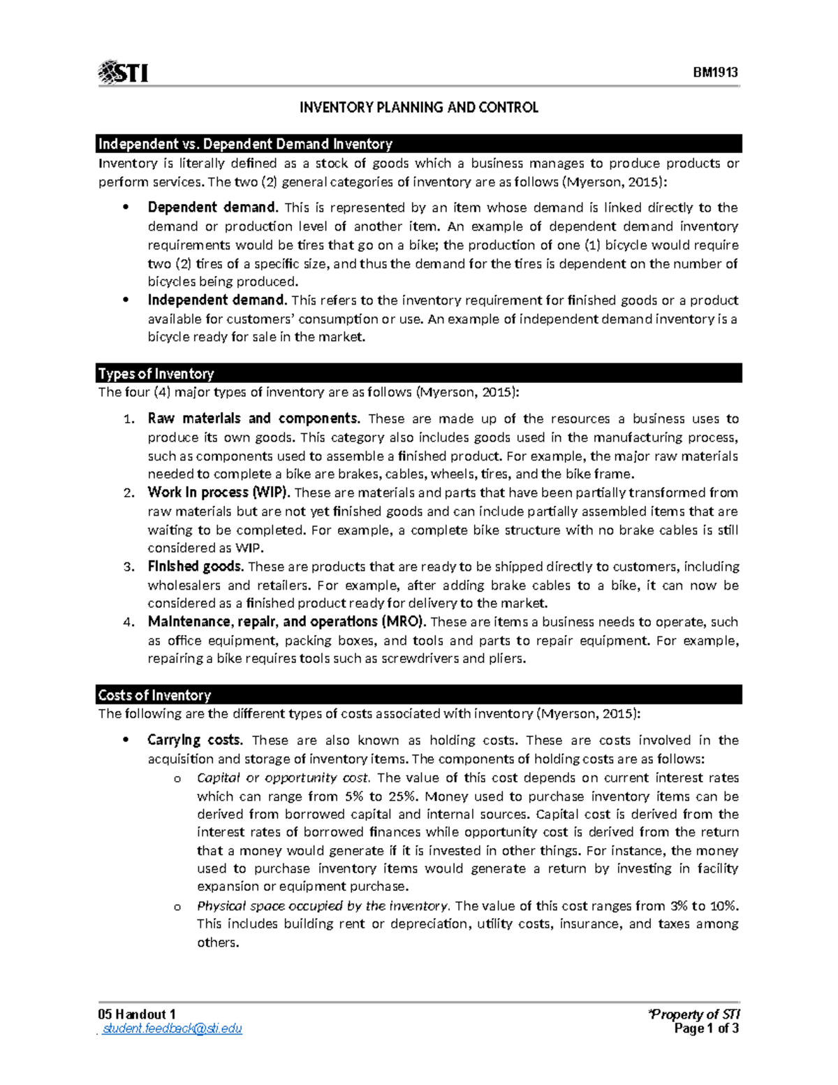 BM1913 INVENTORY PLANNING AND CONTROL: Independent vs. Dependent Demand ...