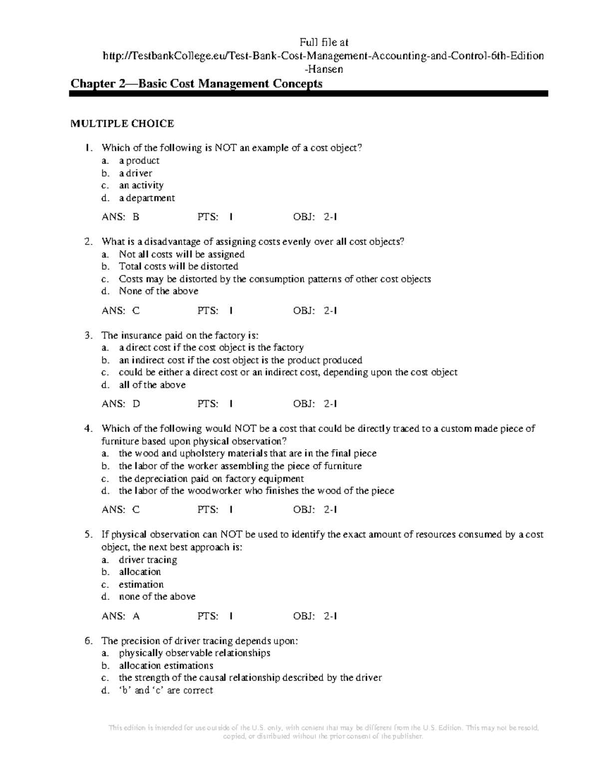Cost Accounting Exercise: Multiple Choice Questions and Answers - Studocu