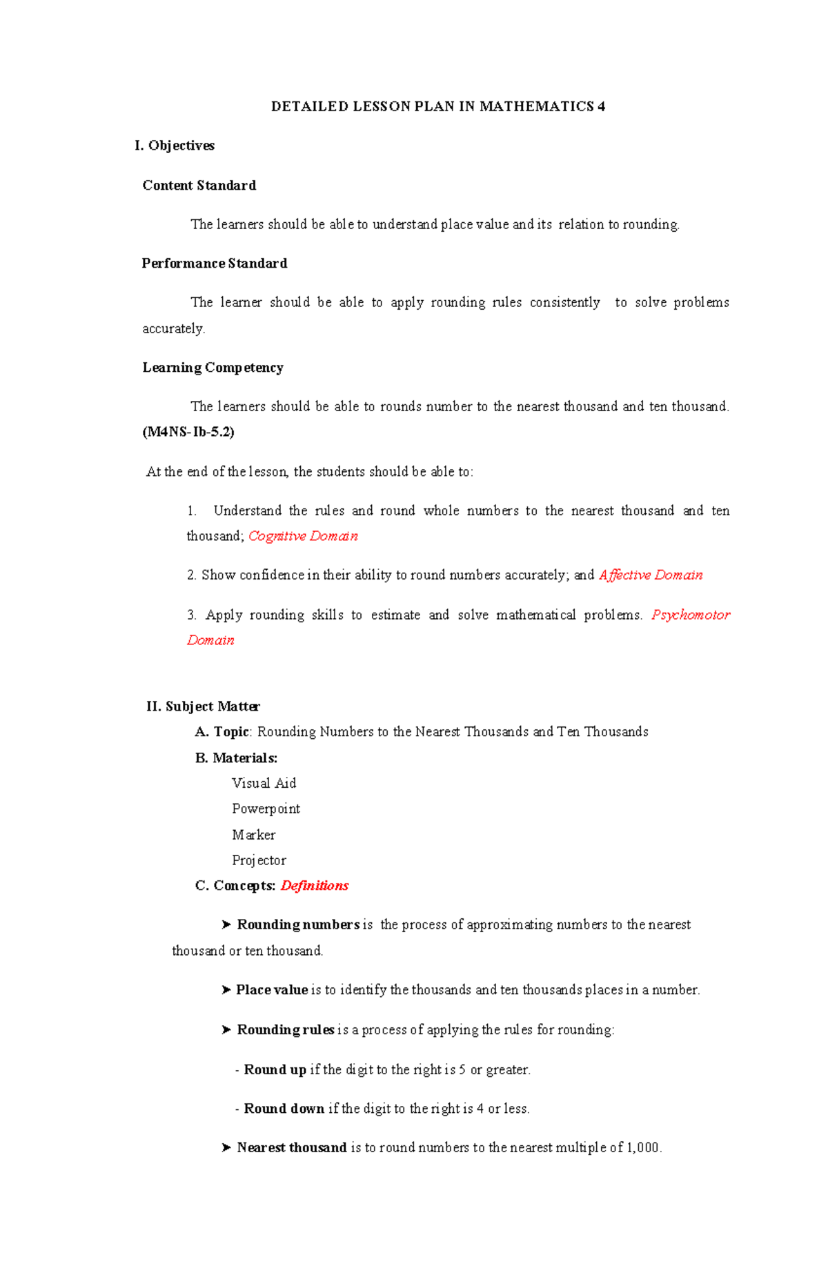 Mathematics 4 Lesson Plan: Rounding Numbers to Nearest Thousands & Tens ...