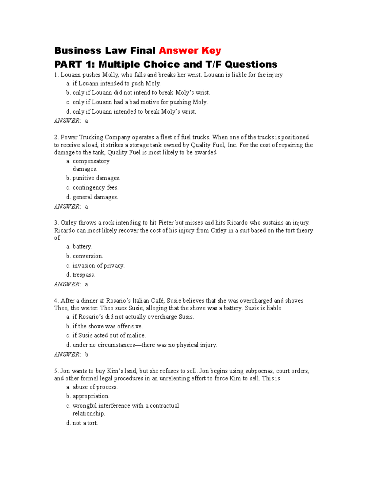 BLaw Final Exam Answer Key: Business Law Review for Students - Studocu