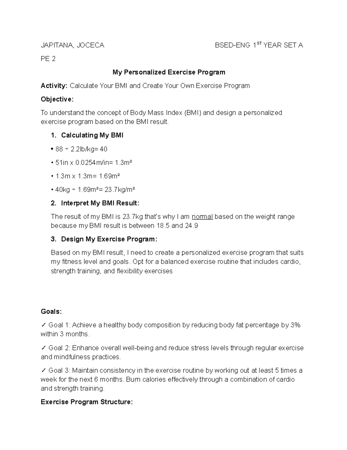 PE 2 Personalized Exercise Program & BMI Analysis by Japitana - Studocu
