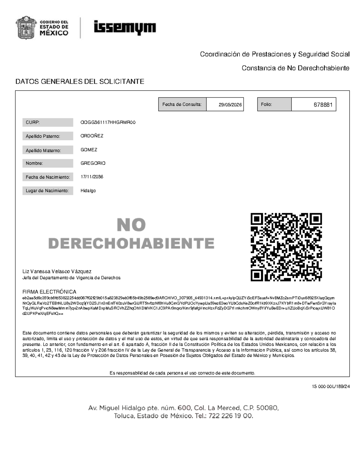 ISSEMYM - Constancia de No Derechohabiente de Gregorio - Studocu