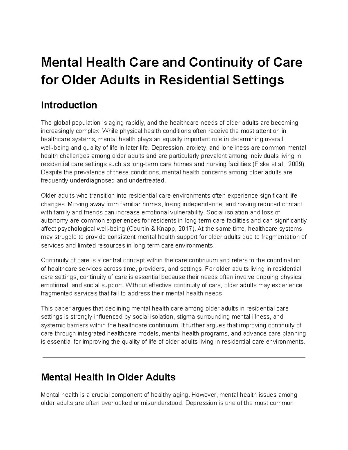 Continuum of Care: Mental Health for Older Adults in Residential ...