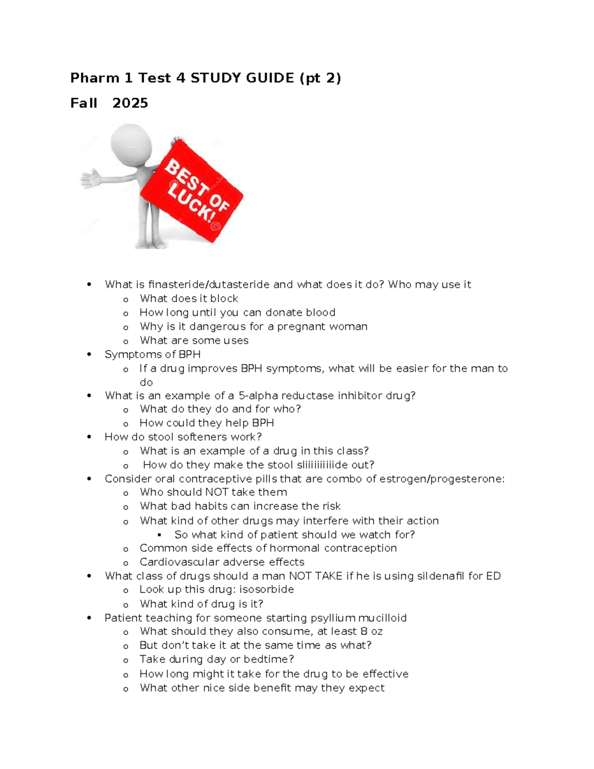 Pharm 1 Test 4 Study Guide (pt 2) - Key Concepts & Patient Care - Studocu