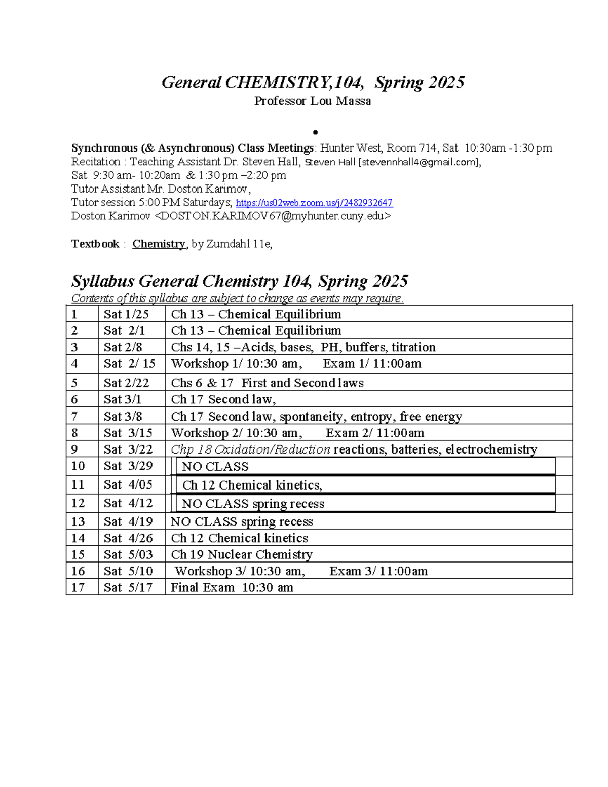 Syllabus for CHEM 104: General Chemistry - Spring 2025 - Studocu