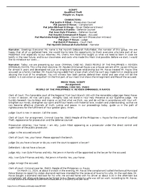 Mock Trial Script: Criminal & Civil Cases - Final Exam (LAW 101) - Studocu