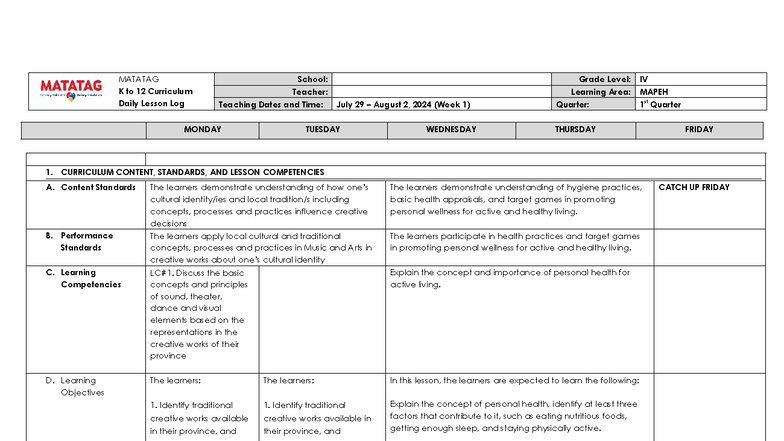 MATATAG K to 12 Curriculum Daily Lesson Log: MAPEH G4 Week 1 - Studocu