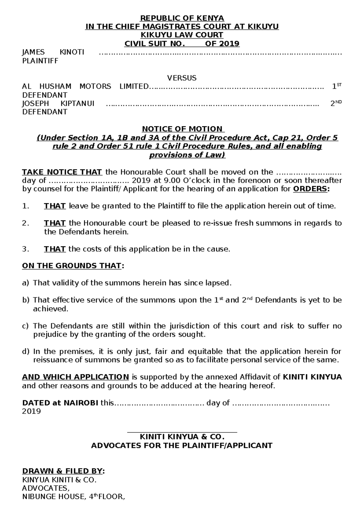 Application to Reissue Summons - Civil Suit No. 2019 KINOTI v. AL ...