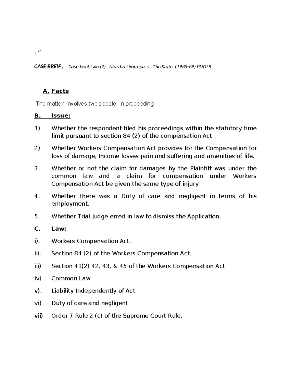 Case Brief 2: Martha Limitopa vs The State - Legal Analysis and Issues ...