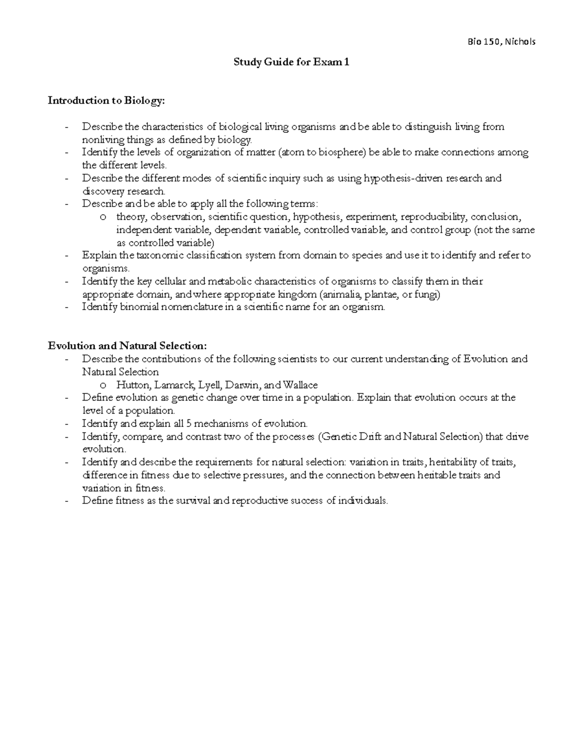Bio 150 Study Guide for Exam 1: Key Concepts in Biology - Studocu