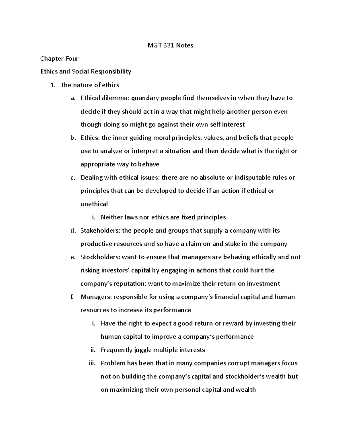 MGT 331 Notes - CH 4 - MGT 331 Notes Chapter Four Ethics and Social ...