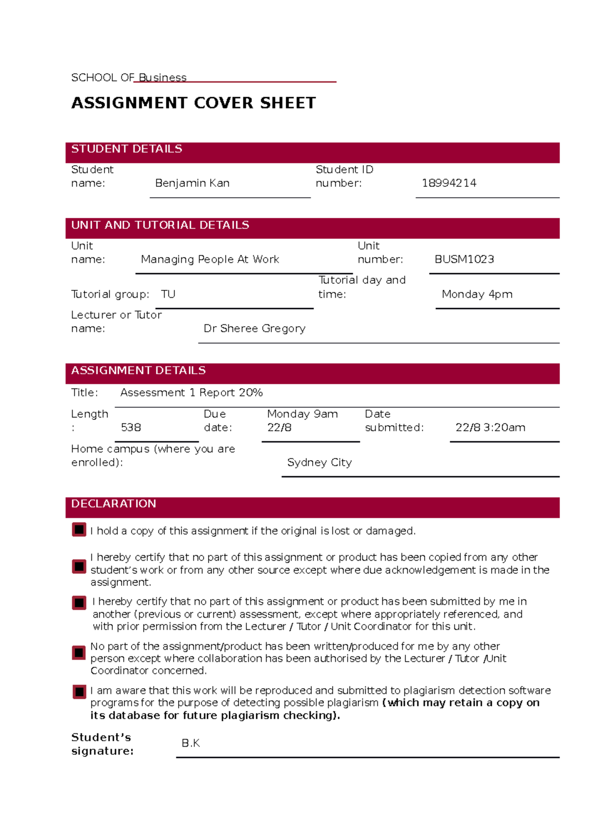 Managing People at Work Assessment 1 Report 20% - SCHOOL OF Business ...