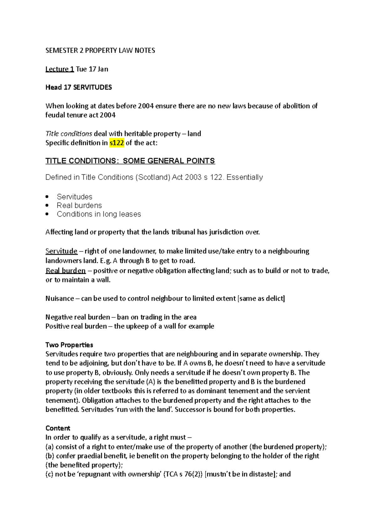 Semester 2 PROPERTY LAW Lecture Notes on Servitudes and Title ...