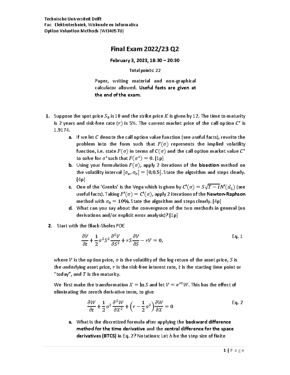 Option Valuation Methods WI3405TU - Final Exam 2022/23 Questions ...