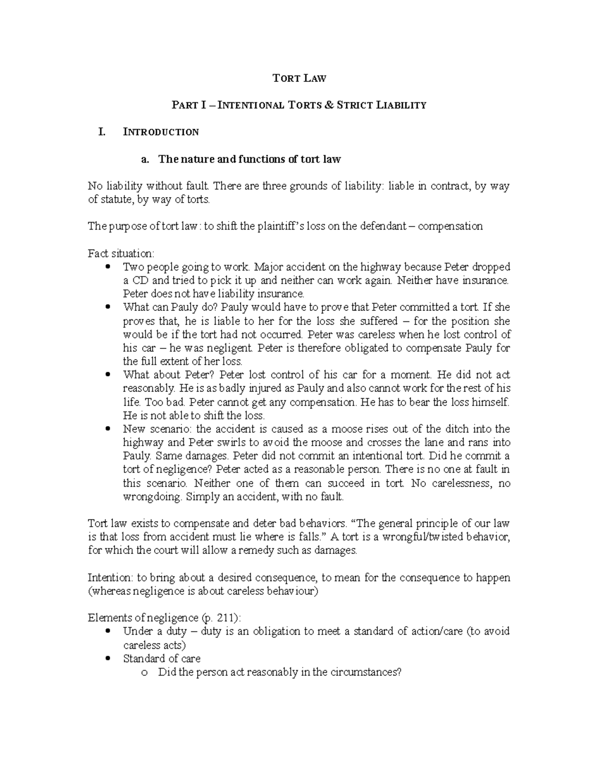 Notes de cours - Tort Law - TORT LAW PART I – INTENTIONAL TORTS ...