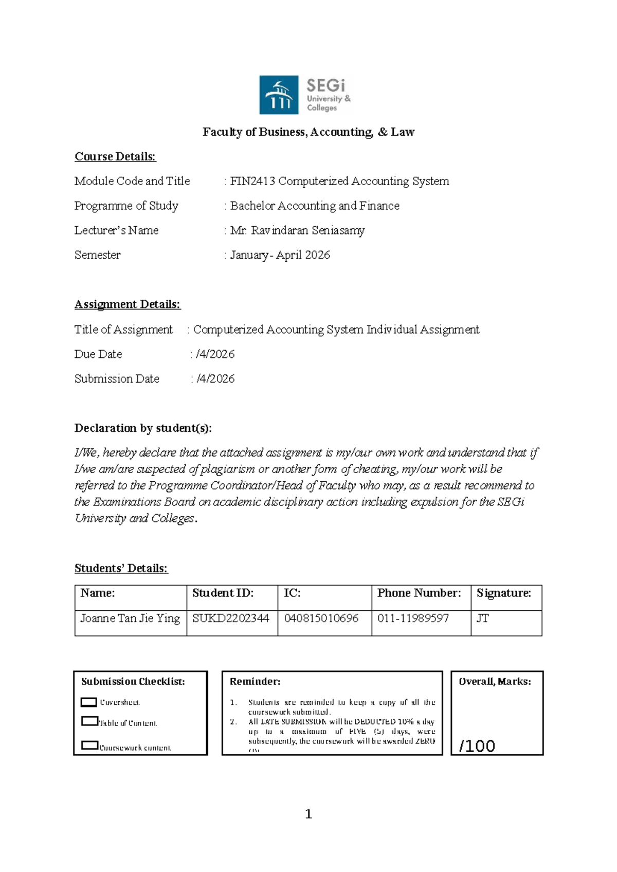 FIN2413 Computerized Accounting System Individual Assignment - Studocu