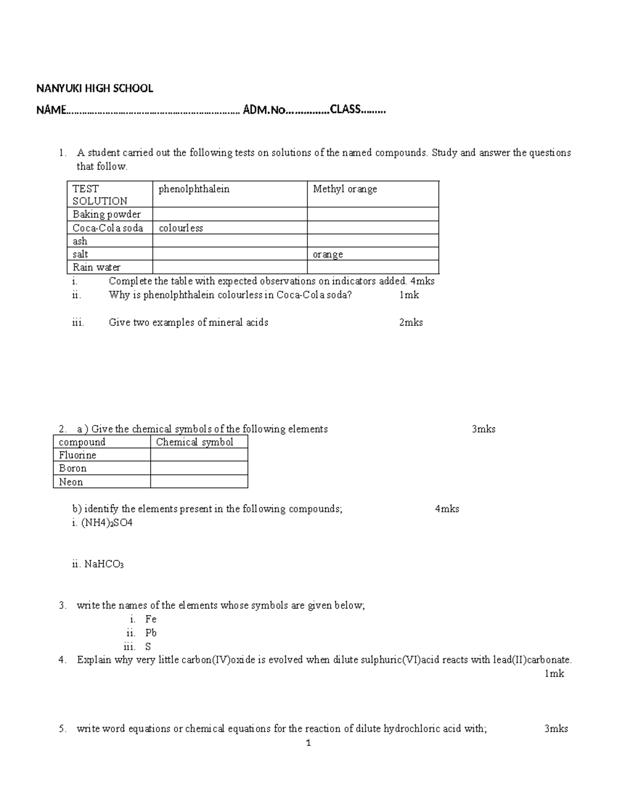 CHEM FORM 1 Based Revision - NANYUKI HIGH SCHOOL N A M - Studocu