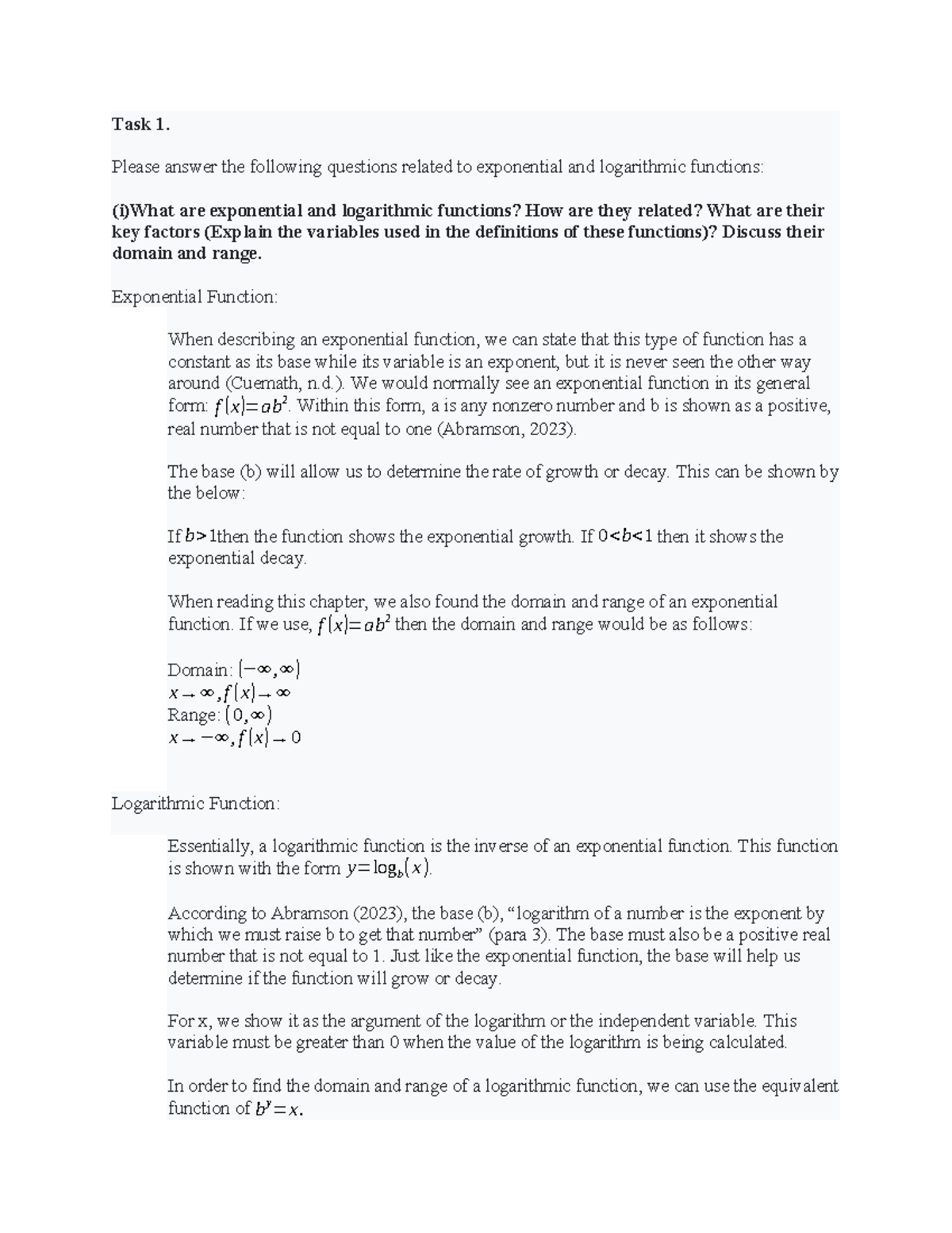 MATH 1201 Final Assignment: Exponential & Logarithmic Functions ...