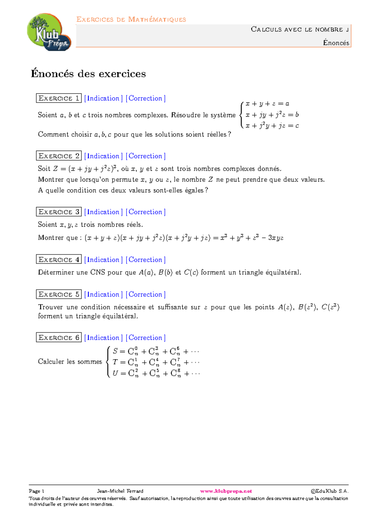 Exercices et Corrigés sur les Nombres Complexes (Cours: Nombres ...