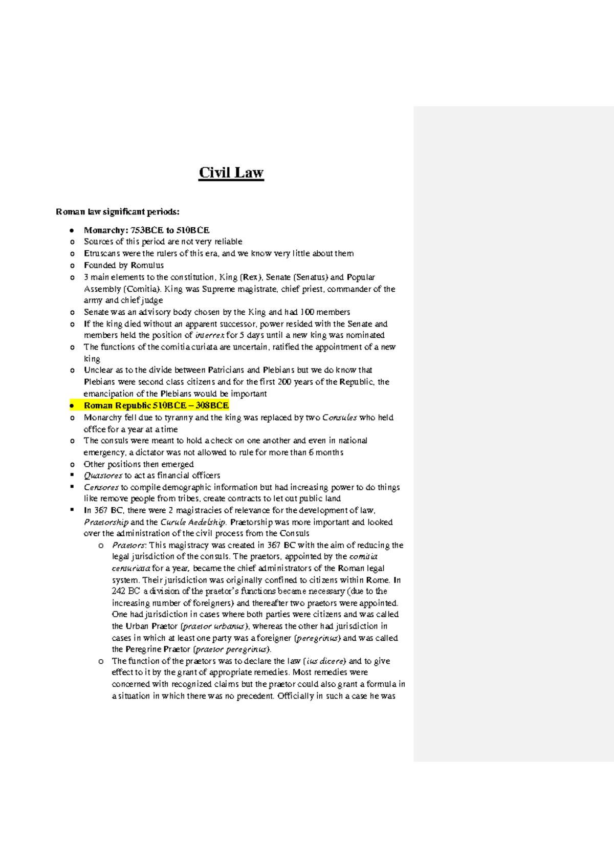 Civil Law Supo 1-4: Roman Law Timeline & Praetorship Insights - Studocu