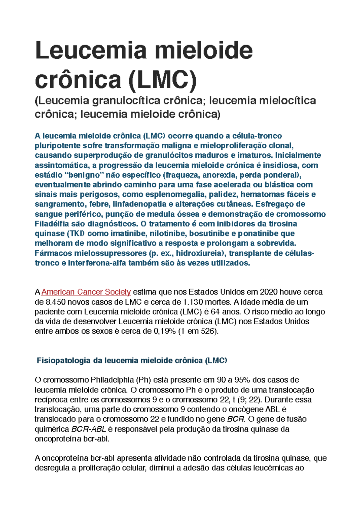 Leucemia Mieloide Crônica (LMC) - Resumo Detalhado e Diagnóstico - Studocu