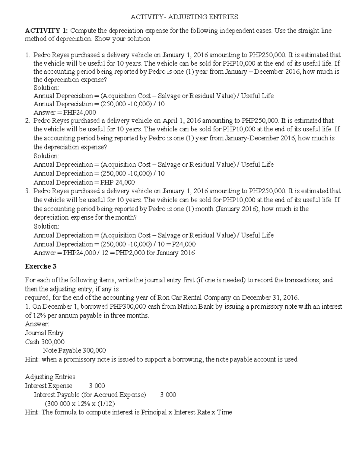 Adjusting Entries Activity & Depreciation Calculations for ACCT 101 ...